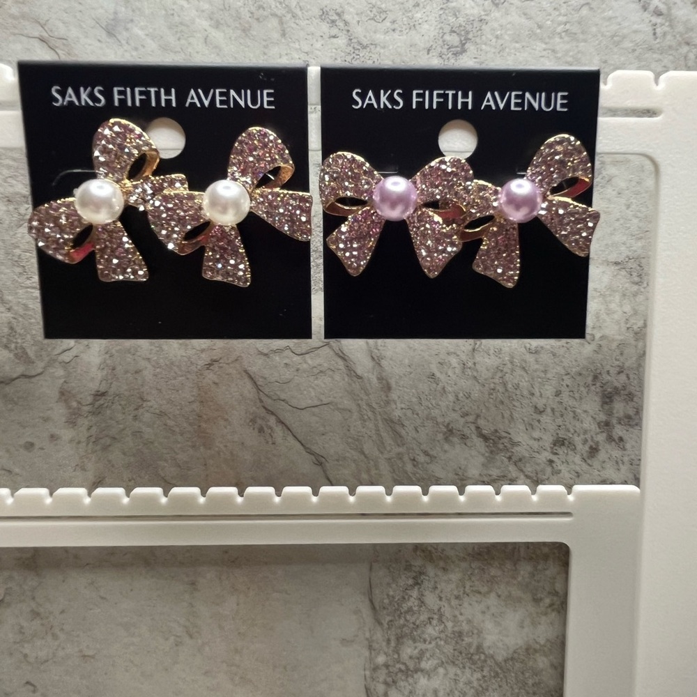 Saks Fifth Avenue Pink and White Bow Earrings Push Backs Bundle of Two - Picture 2 of 5